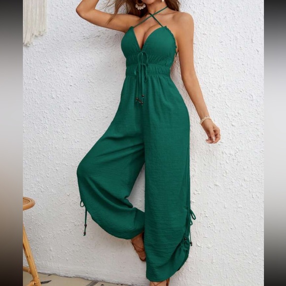 Boho Ruched Criss Cross Wide Leg Backless Open Back Jumpsuit Green - Picture 5 of 6
